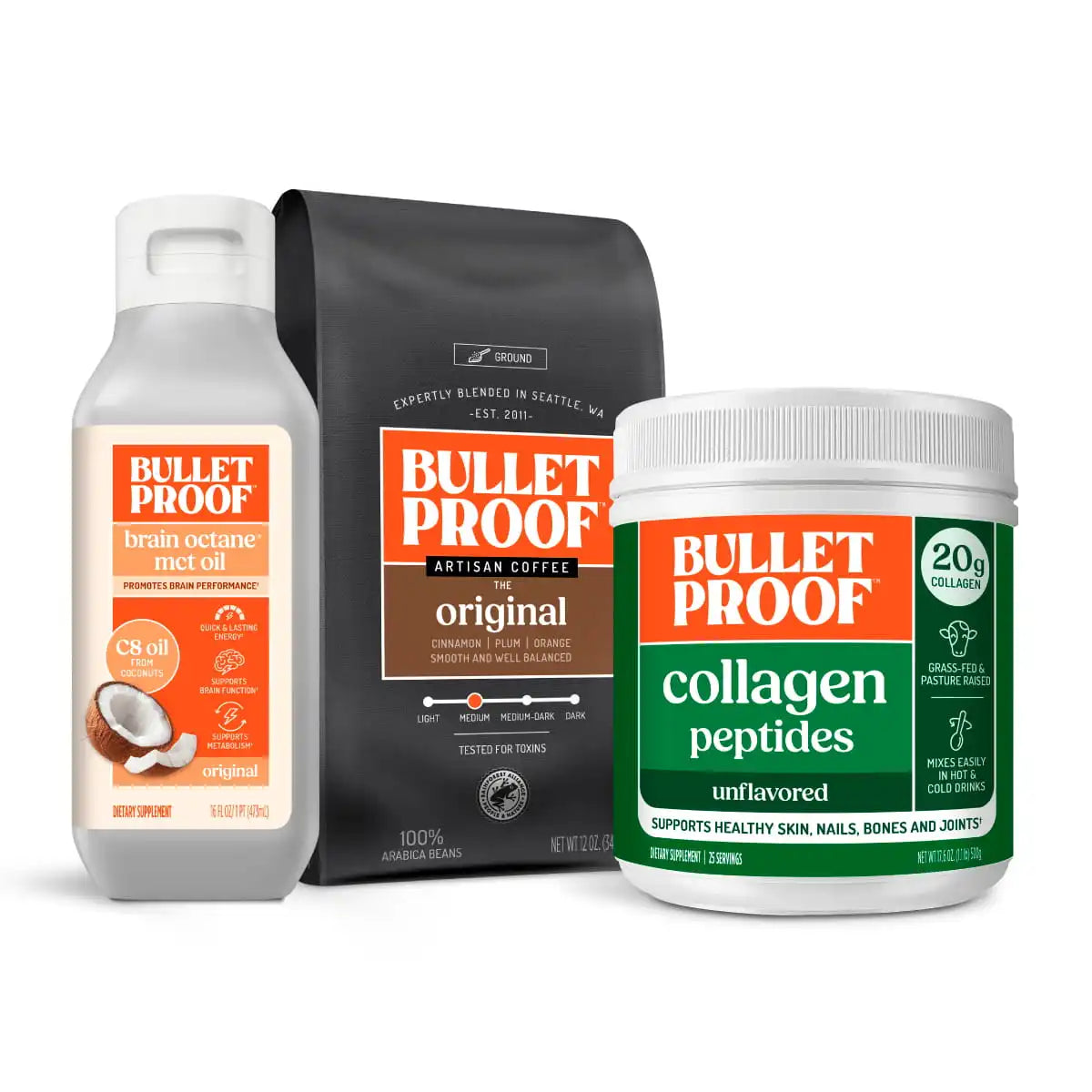 Ground Coffee, Brain Octane C8® MCT Oil and Collagen Peptides